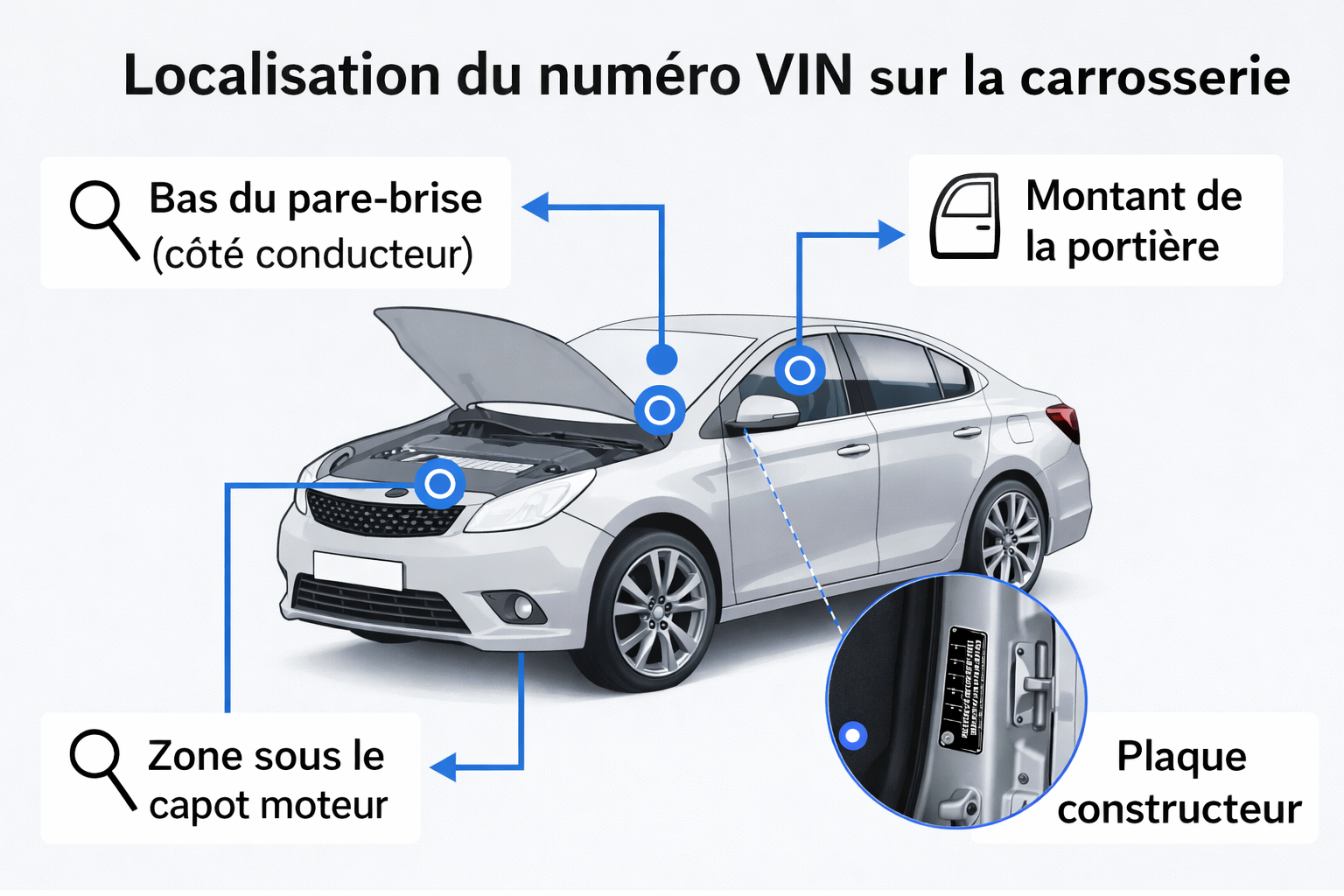 où trouver le VIN sur un véhicule avec frappe à froid, plaque constructeur et voiture capot ouvert